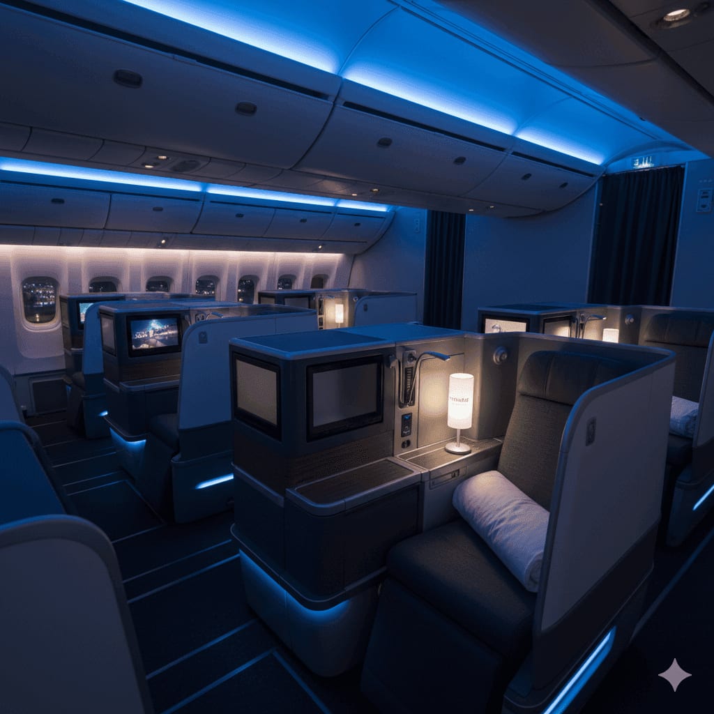 Discover Airlines Business Class flat-bed seat with premium cabin interior — 2026 airline review for US travelers