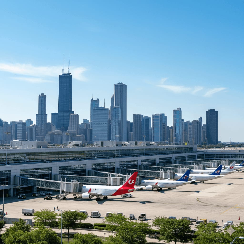 O'Hare International Airport (ORD) Chicago terminal with city skyline — Discover Airlines flight help in Chicago, call 1(833) 308-3305