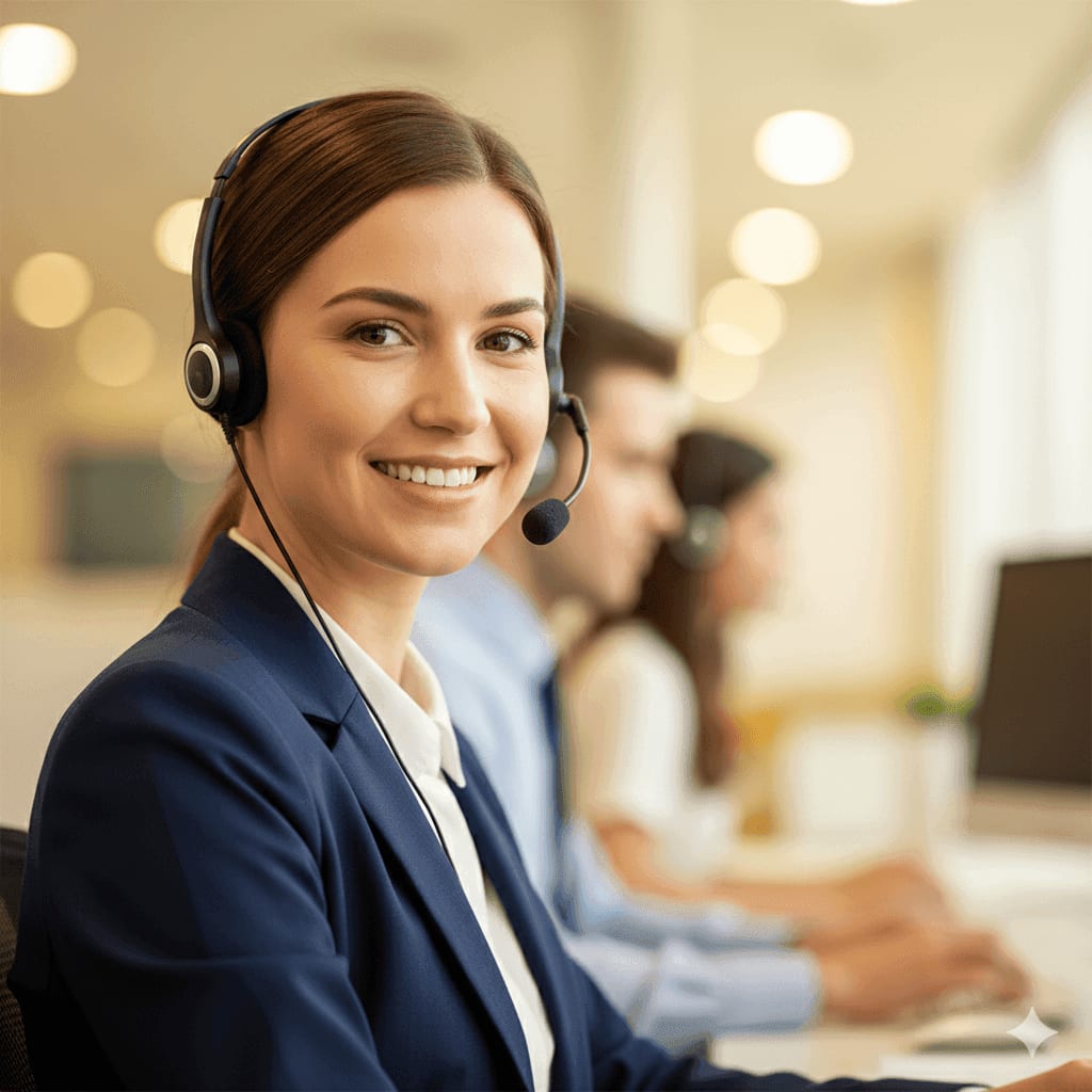 Agente de servicio al cliente de Discover Air USA con auriculares brindando soporte telefónico 24/7 en español