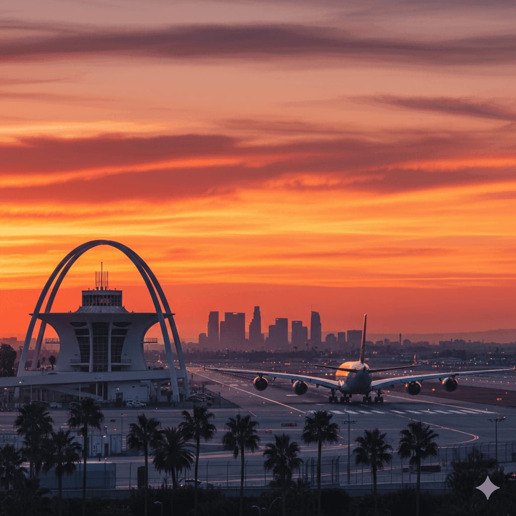 Aeropuerto Internacional de Los Ángeles (LAX) al atardecer con el edificio icónico Theme Building — reservaciones Discover Airlines