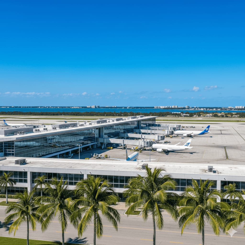 Aeropuerto Internacional de Miami (MIA) Terminal J con palmeras — servicio al cliente Discover Airlines en español