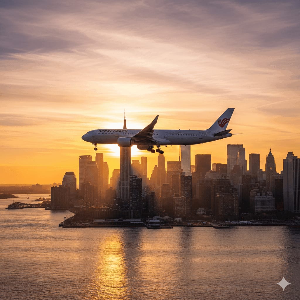 New York City skyline with airplane approaching JFK airport at dusk — Discover Airlines support in NYC, call 1(833) 308-3305