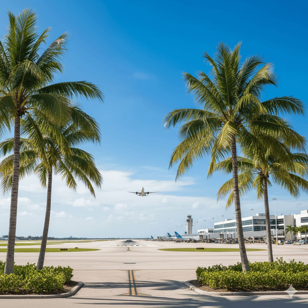 Tampa International Airport (TPA) terminal with palm trees and Discover Airlines airplane — call 1(833) 308-3305 for Tampa flight support